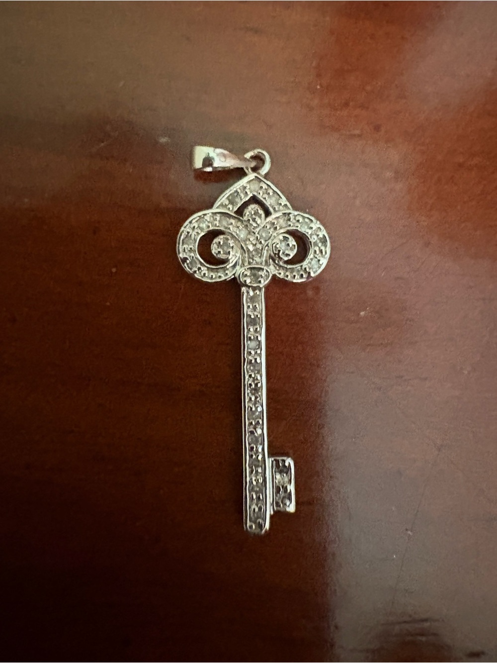 Ornate. Sterling Silver Key Pendant with Clear Stones